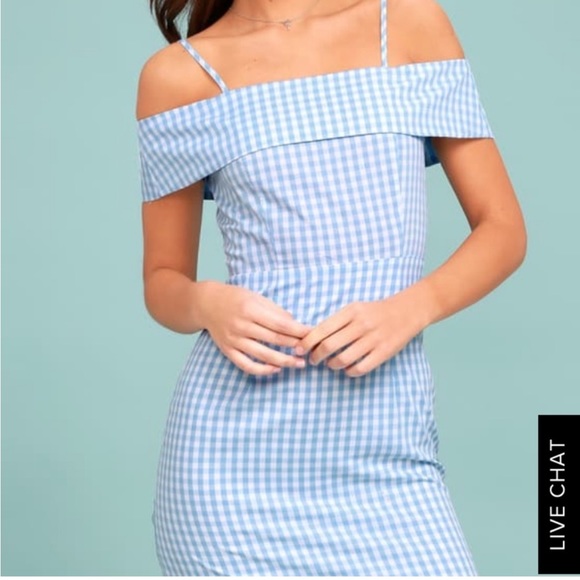 Lulu’s x re:named Blue Gingham Off the Shoulder Spaghetti Strap Summer Dress - Picture 2 of 7